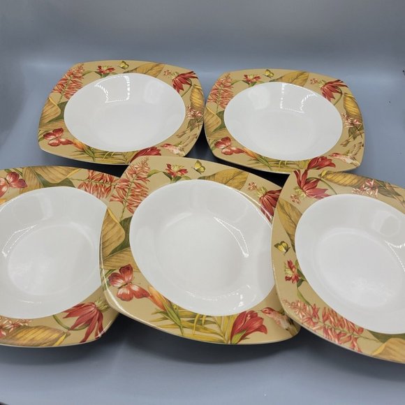 222 Fifth Antigua Pattern Soup/ Cereal / Salad Bowls Lot Of 5 Hummingbird Flower - Picture 1 of 12